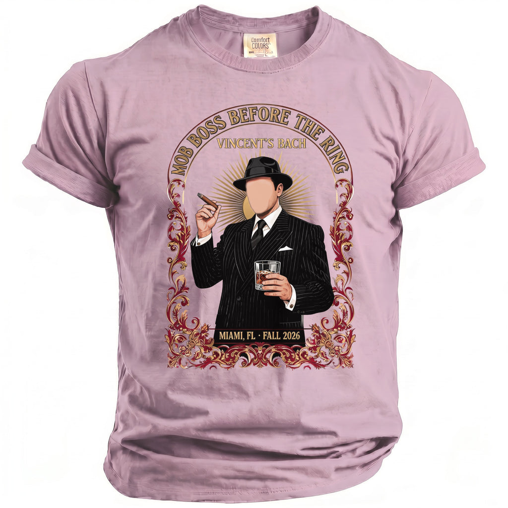 Pink t-shirt graphic: Mob boss with cigar and drink, "Vincent's Bach" Miami FL 2026.