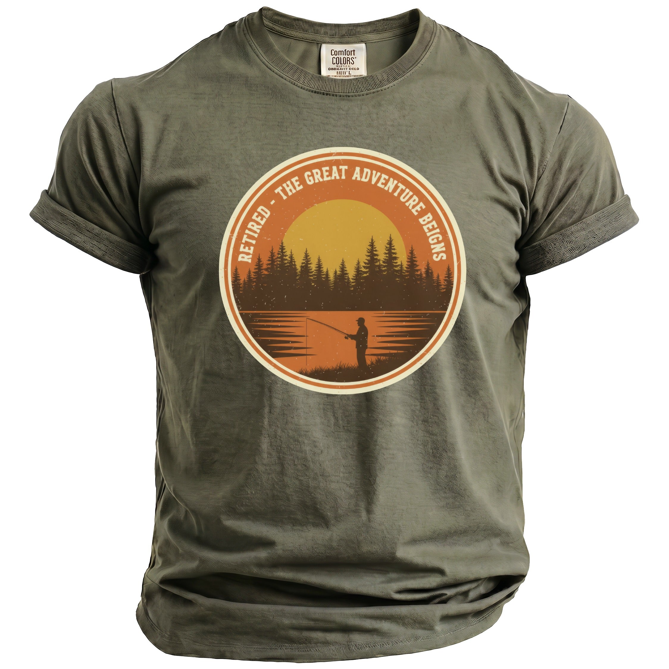 Green t-shirt with circular fishing graphic reading "Retired - The Great Adventure Beigns."