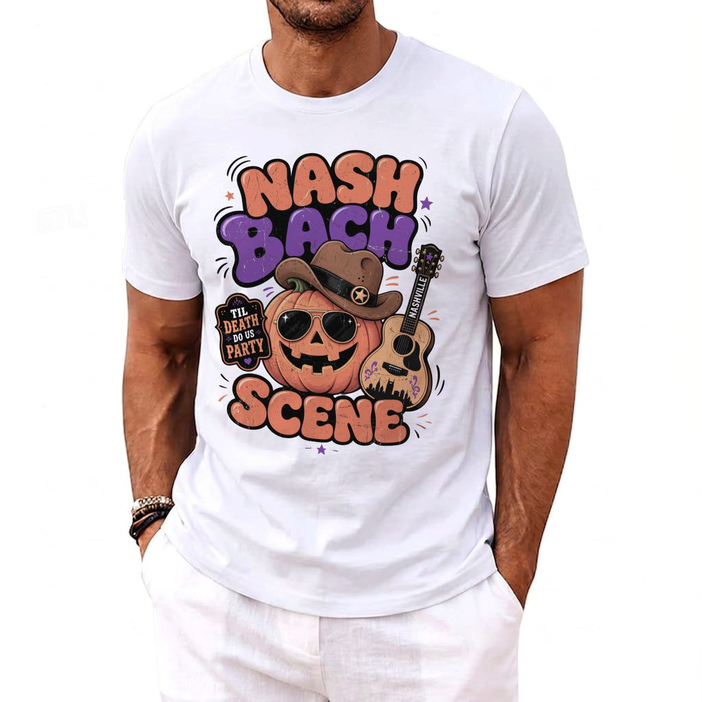 White t-shirt with graphics of "NASH BACH SCENE" and a pumpkin wearing a cowboy hat and sunglasses.