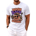 White t-shirt with graphics of "NASH BACH SCENE" and a pumpkin wearing a cowboy hat and sunglasses.