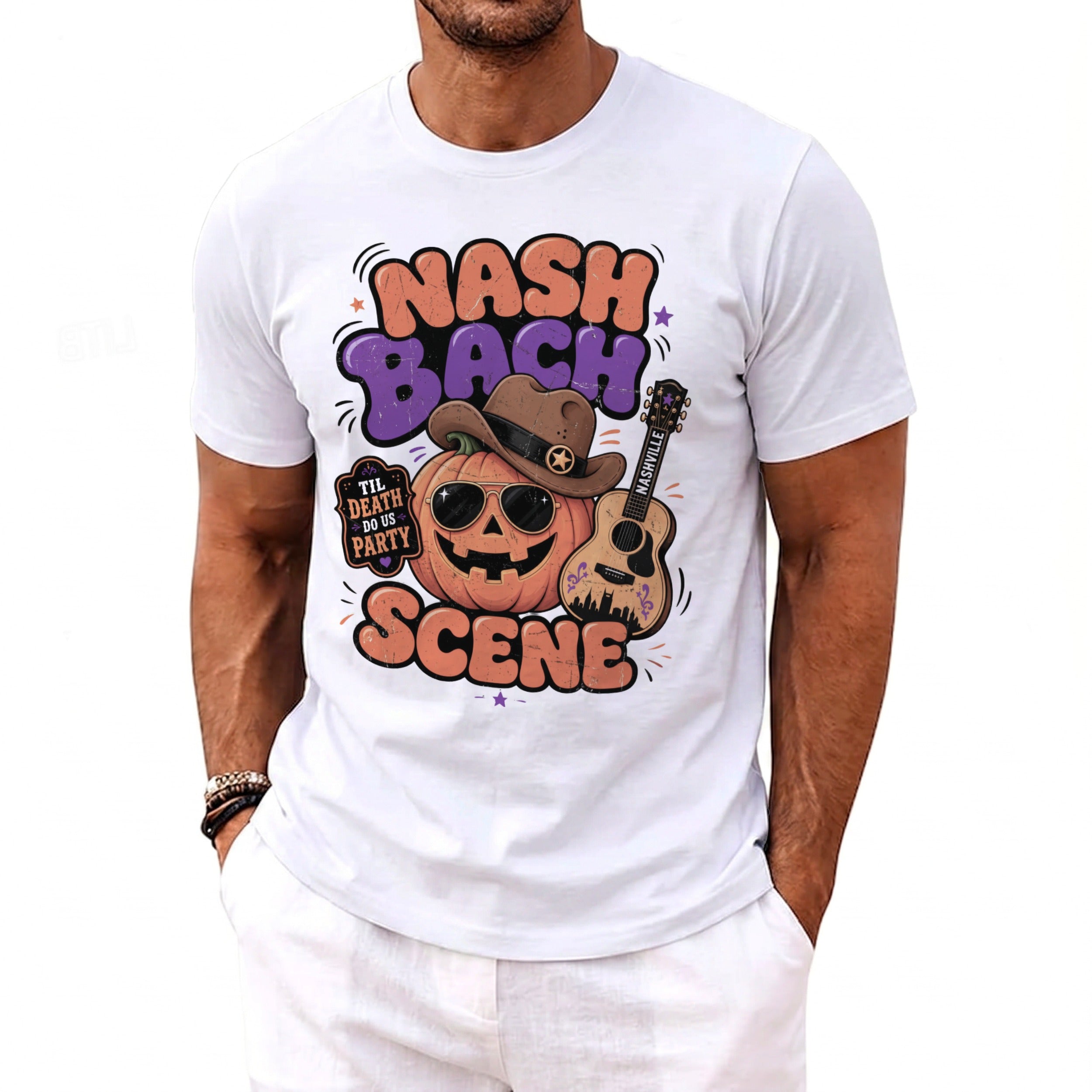 White t-shirt with graphics of "NASH BACH SCENE" and a pumpkin wearing a cowboy hat and sunglasses.