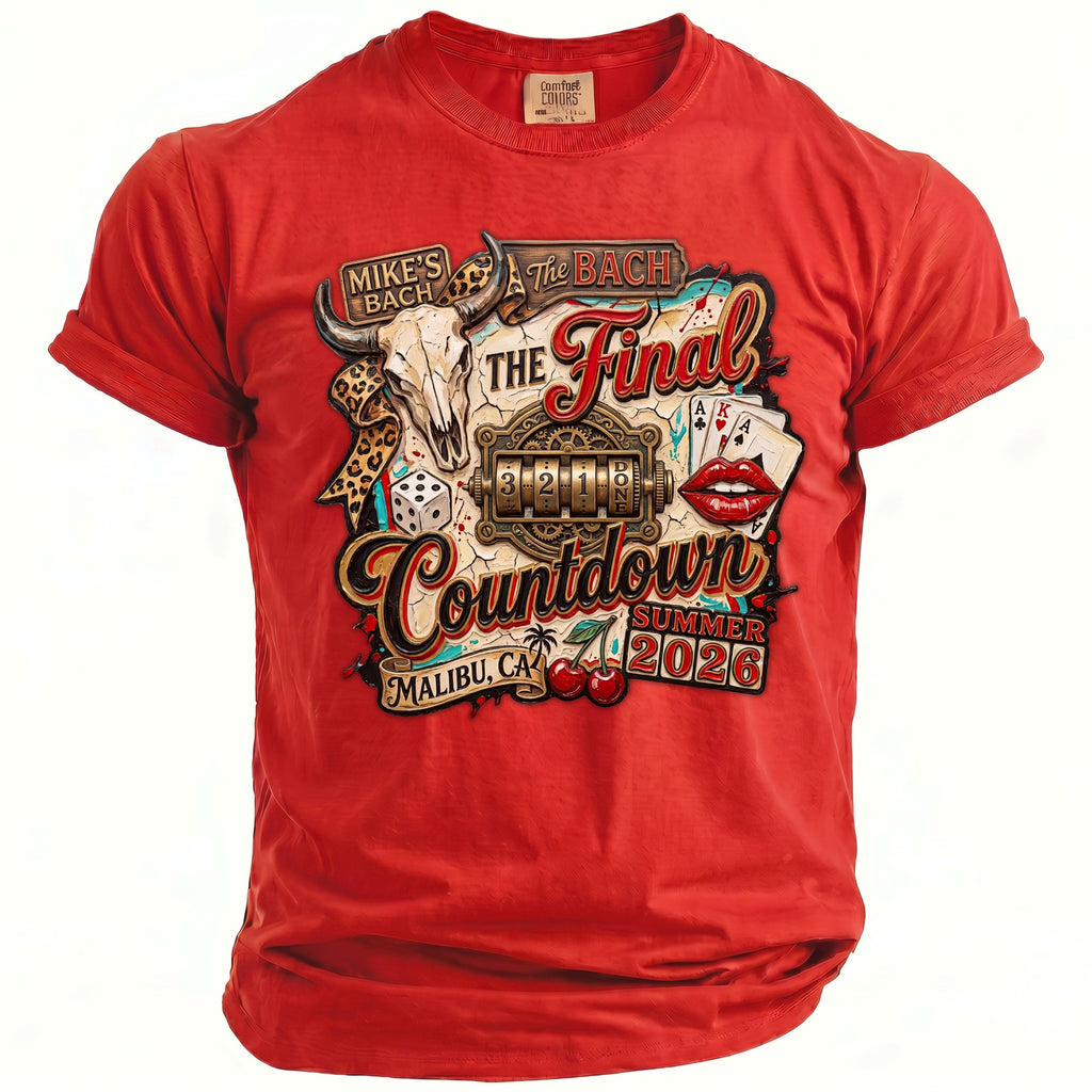 Red t-shirt with bold graphics: MIKE'S BACH, The BACH, Final Countdown, Malibu, CA, Summer 2026.