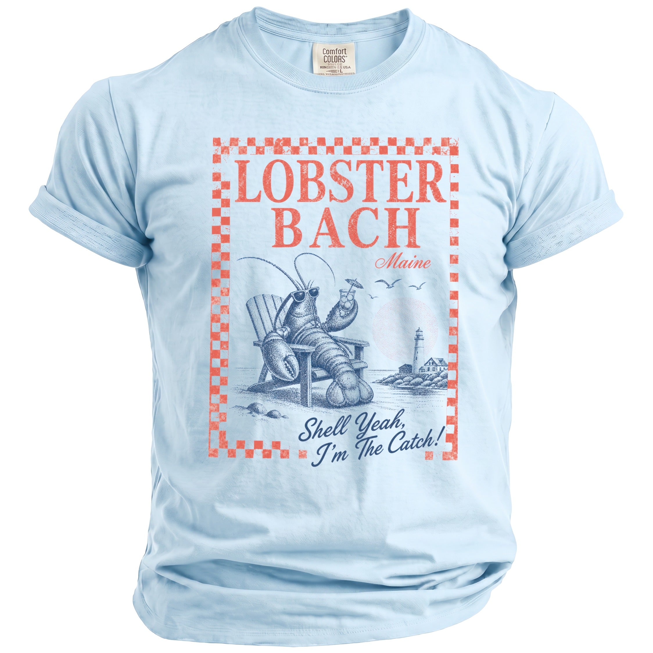 Light blue t-shirt with red text and lobster graphic.