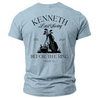Light blue t-shirt with "Kenneth Last Swing Est. 2026 Befor The Ring Miami, FL" text.