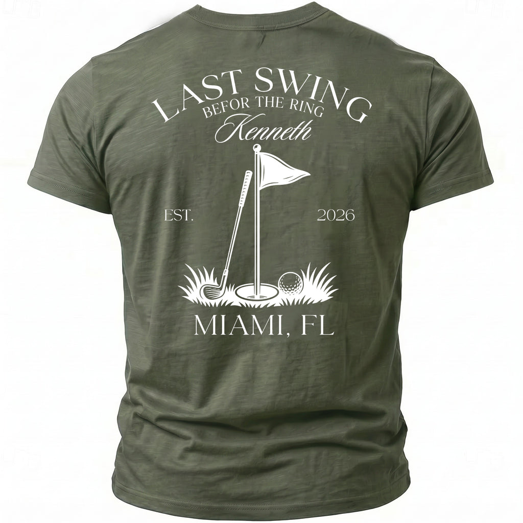 Green t-shirt with "LAST SWING BEFOR THE RING Kenneth" and golf graphic.