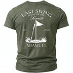 Green t-shirt with "LAST SWING BEFOR THE RING Kenneth" and golf graphic.
