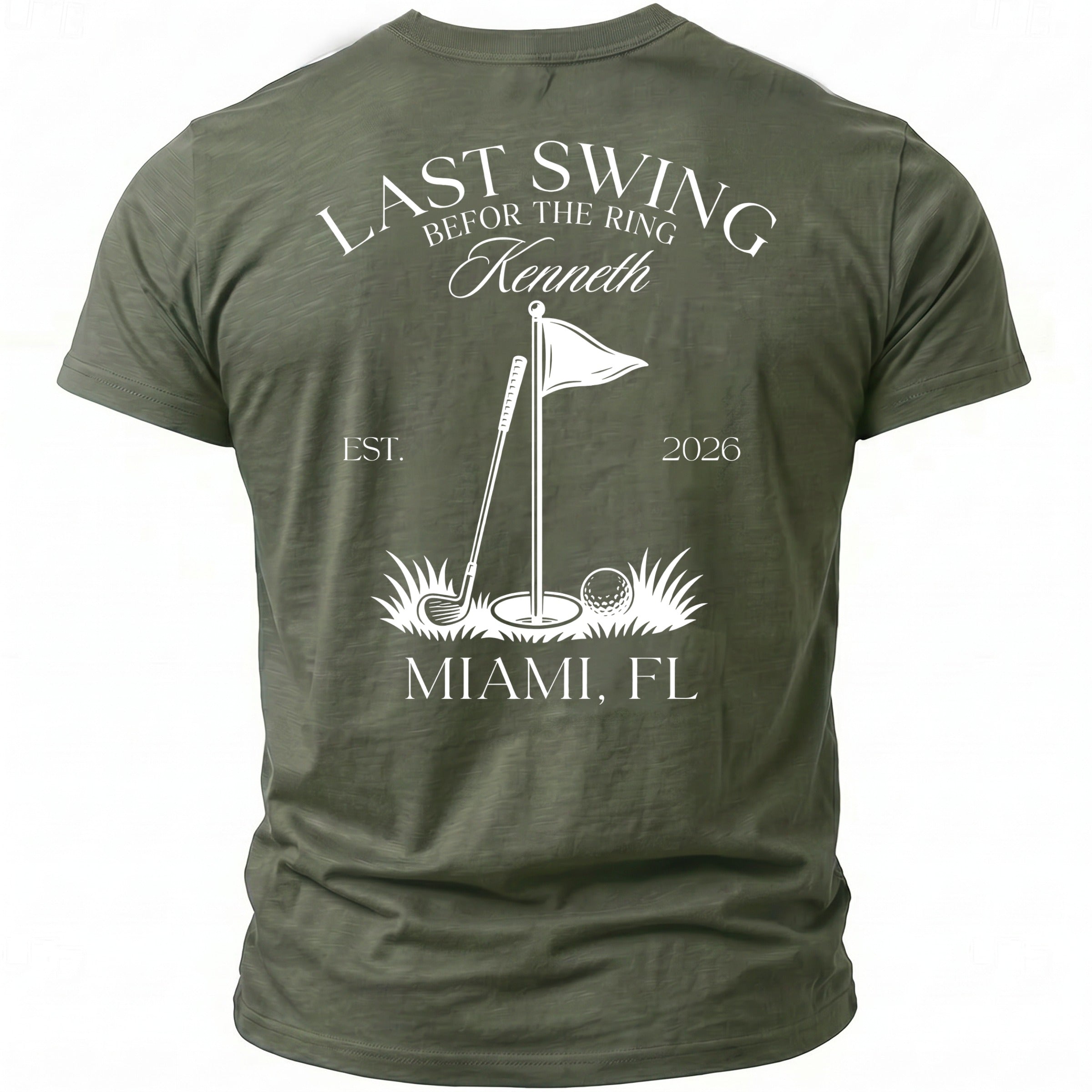 Green t-shirt with "LAST SWING BEFOR THE RING Kenneth" and golf graphic.