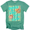 Teal t-shirt with "Painted by Stress Fueled by Coffee" text, paint palette, and coffee mug graphic.