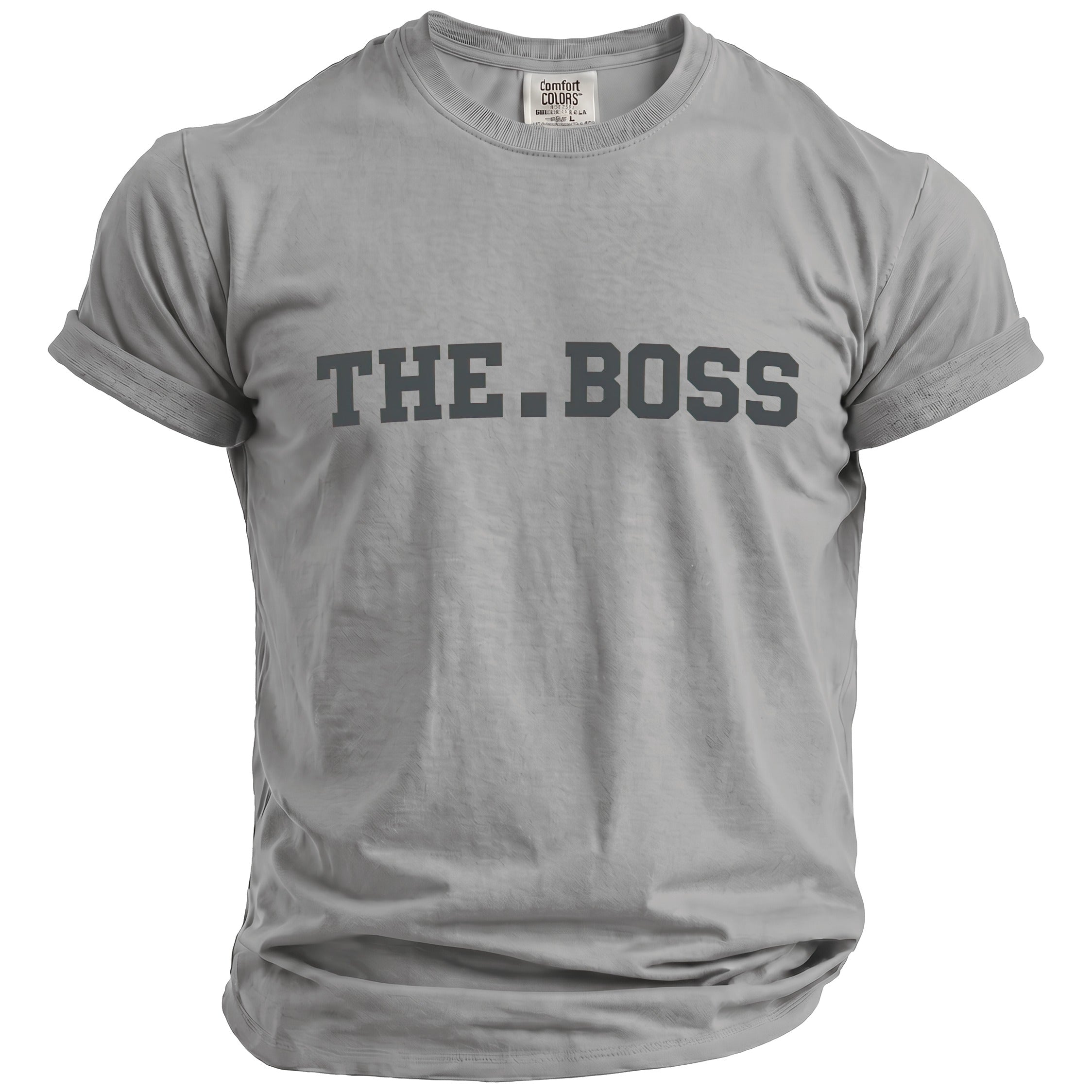 Grey t-shirt with "THE.BOSS" printed in dark grey letters.