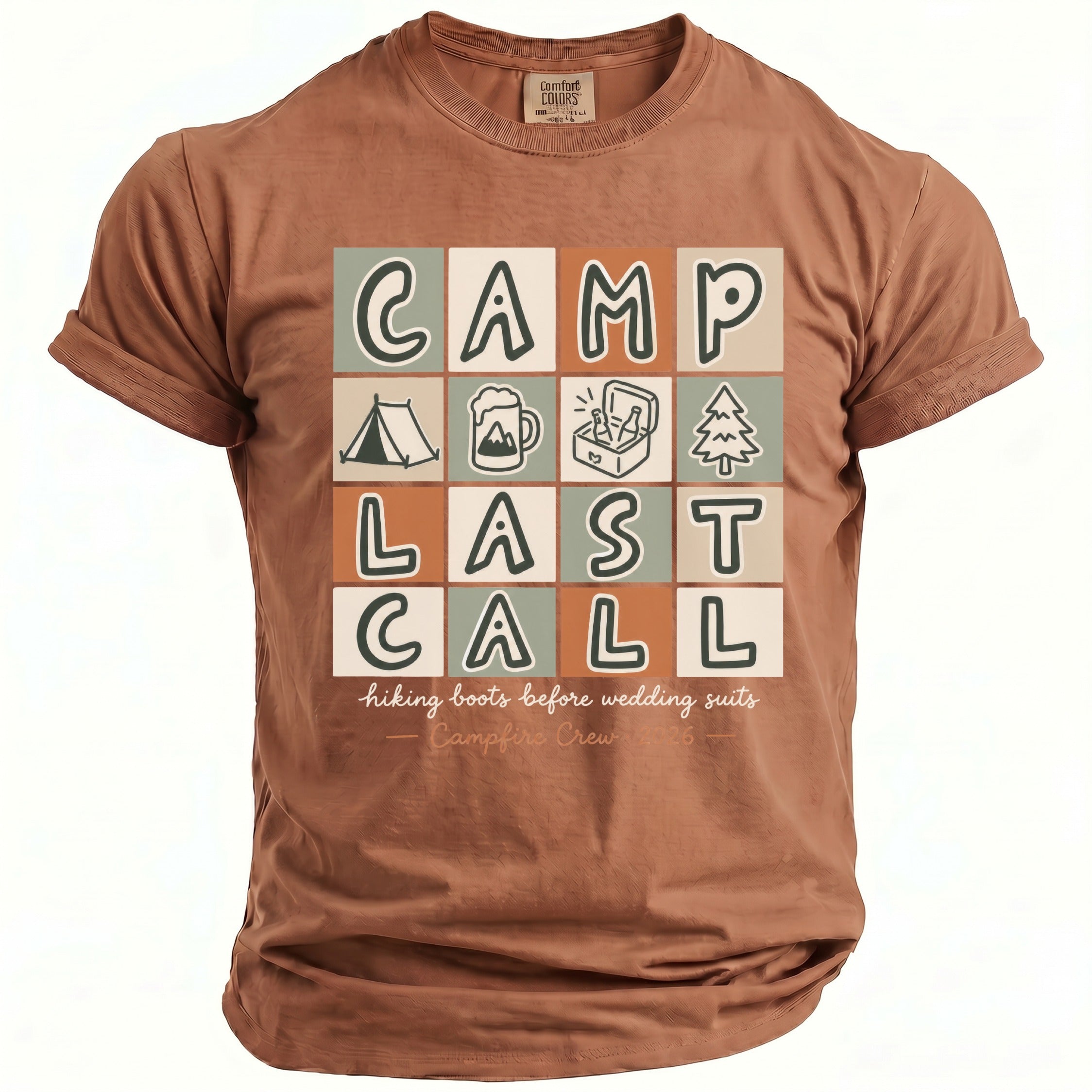 Brown t-shirt with "CAMP LAST CALL" graphic and camping icons.