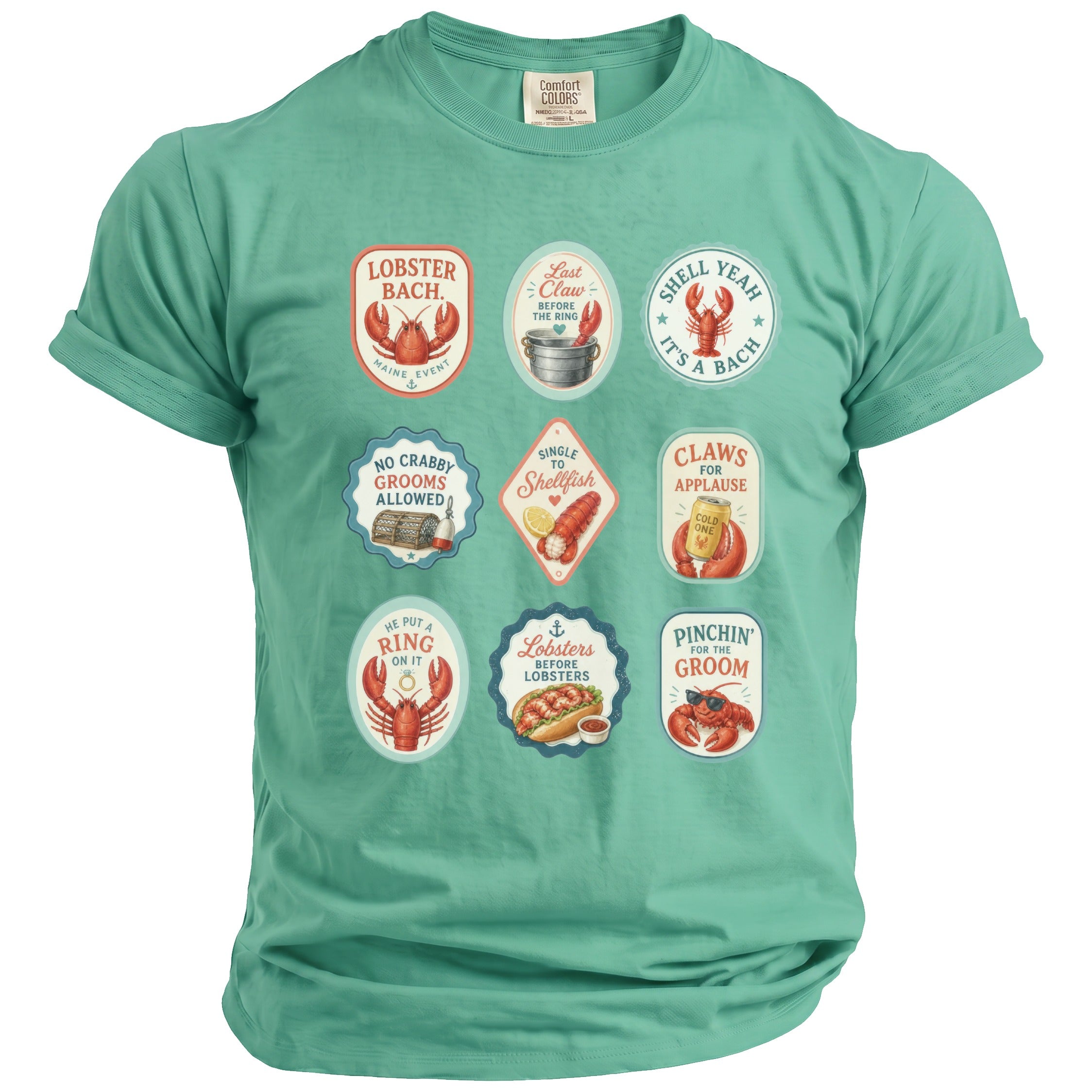 Teal t-shirt with nine oval graphics of lobsters and nautical phrases.
