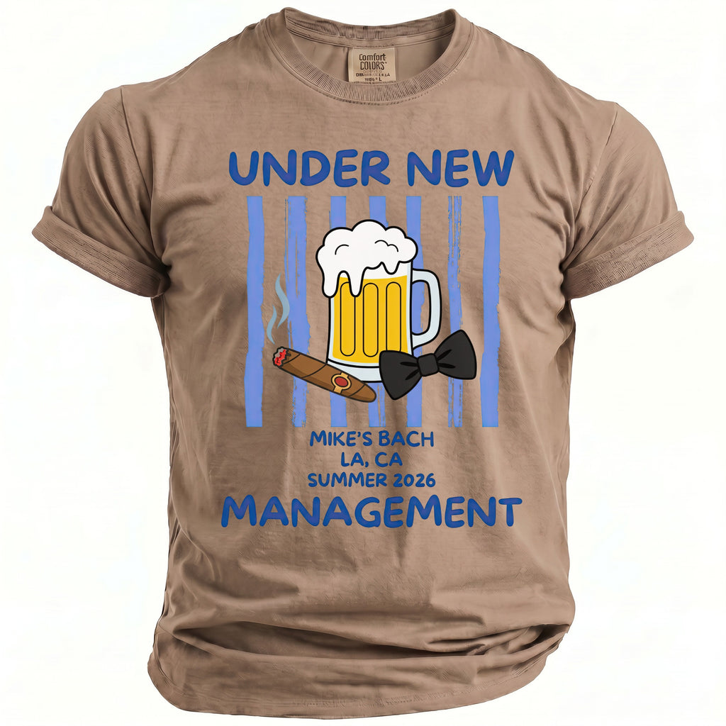 T-shirt graphic: beer, cigar, bowtie, "Under New Management" for Mike's Bach LA Summer 2026.