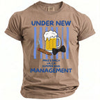 T-shirt graphic: beer, cigar, bowtie, "Under New Management" for Mike's Bach LA Summer 2026.