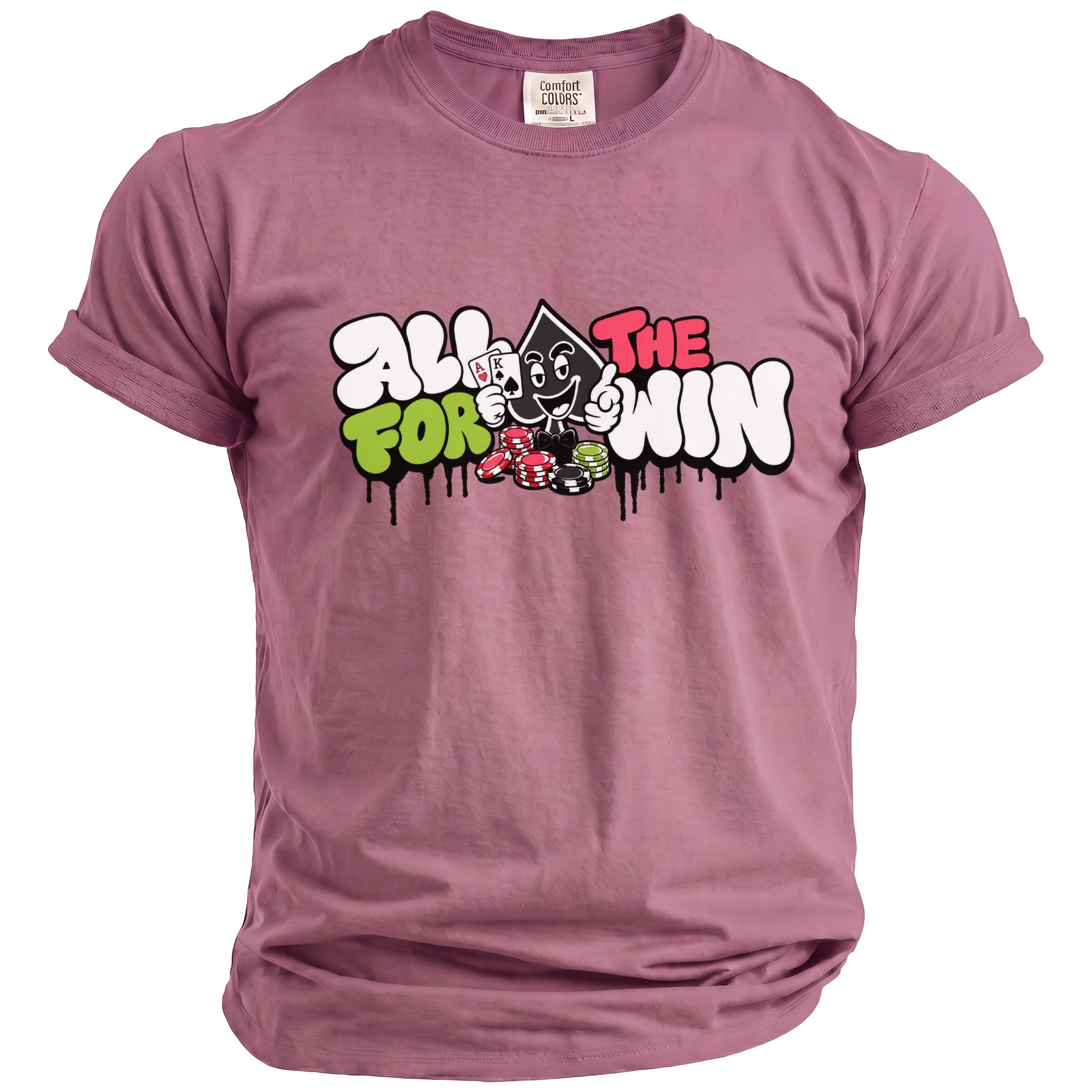 Mauve t-shirt with "All For The Win" graphic featuring a cartoon spade character holding cards.