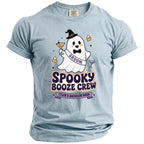 Light blue t-shirt with a ghost graphic wearing a groom sash and witch hat.