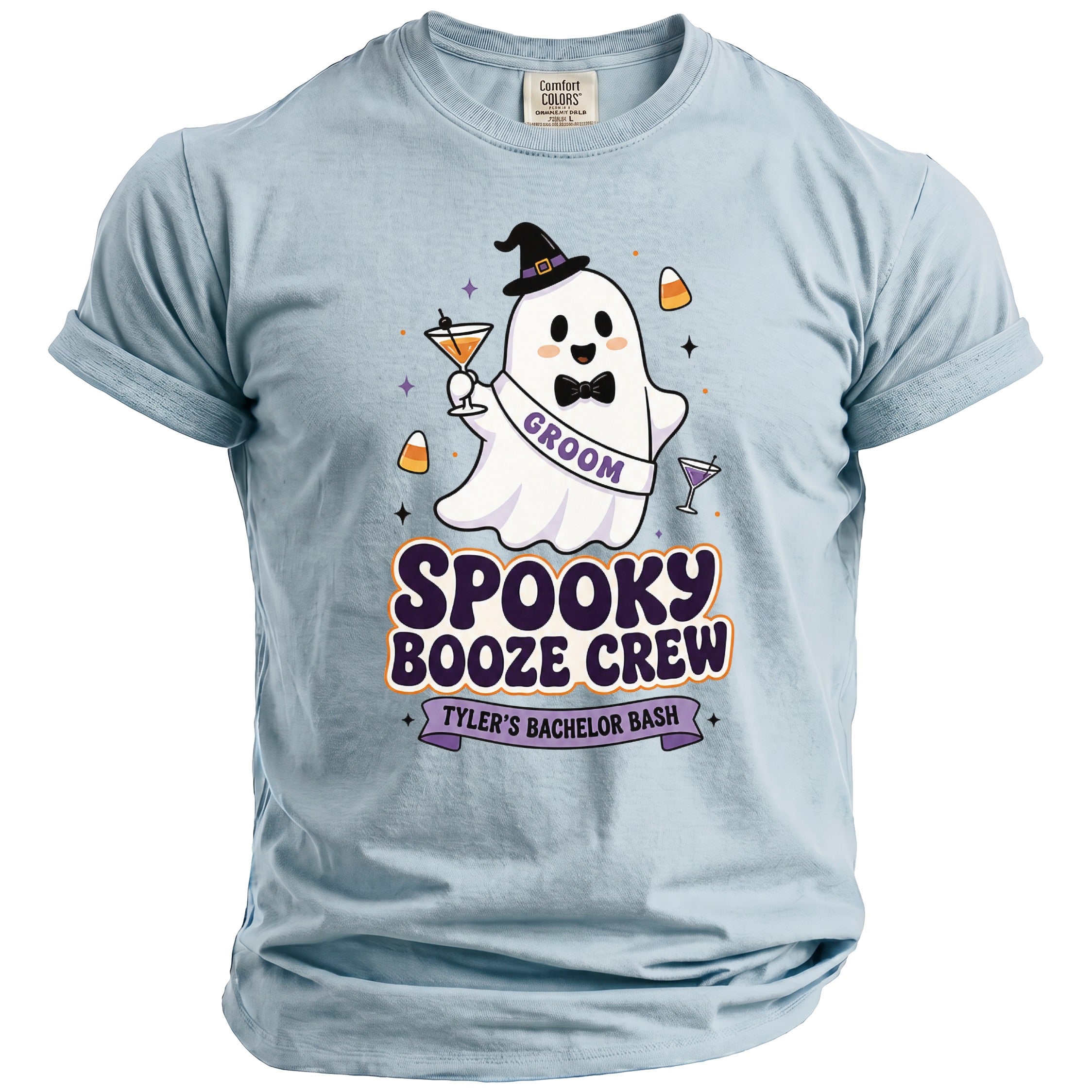 Light blue t-shirt with a ghost graphic wearing a groom sash and witch hat.