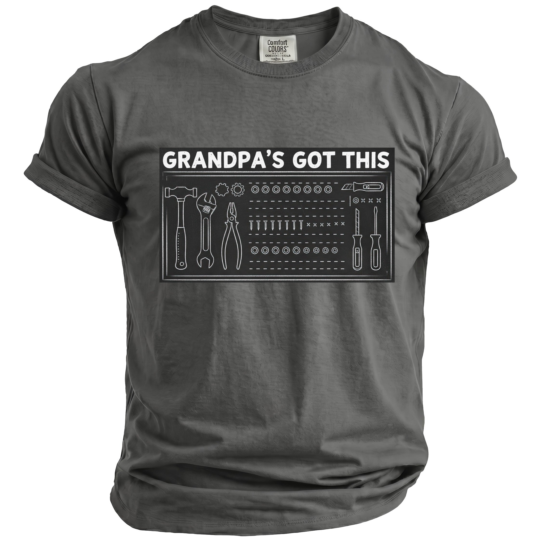 Gray t-shirt with "GRANDPA'S GOT THIS" and a toolbox graphic.