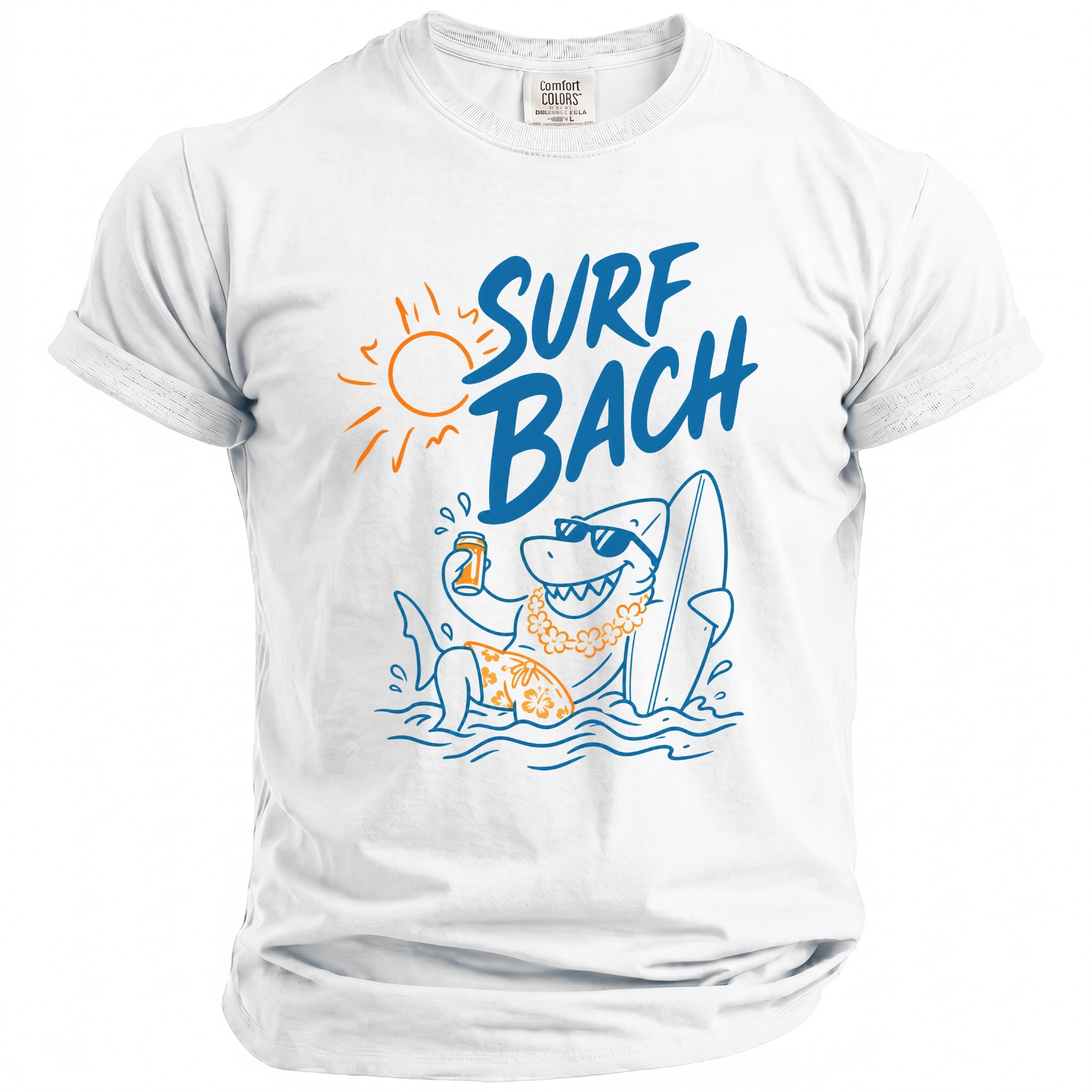 White t-shirt with a cartoon shark and "SURF BACH" text in blue.