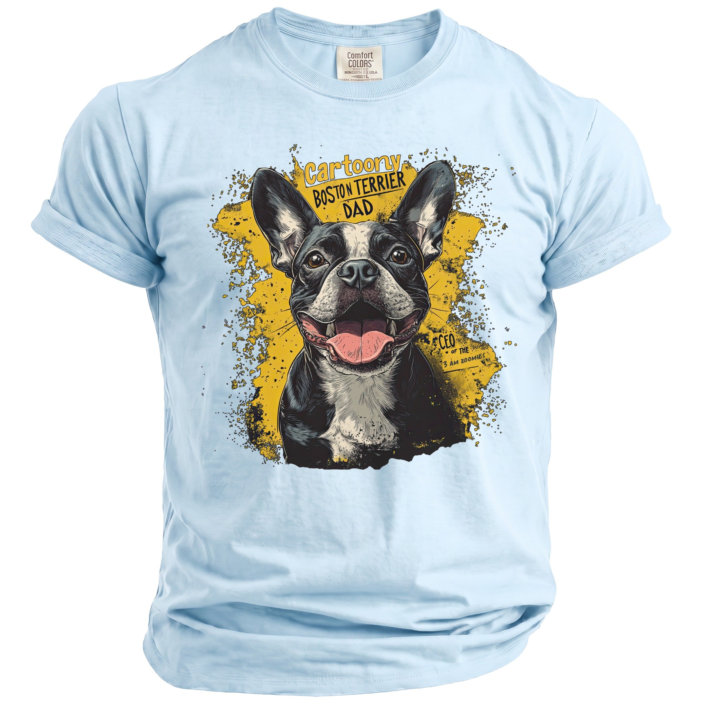 Light blue t-shirt with a cartoon Boston Terrier and "Cartoony Boston Terrier Dad" text.