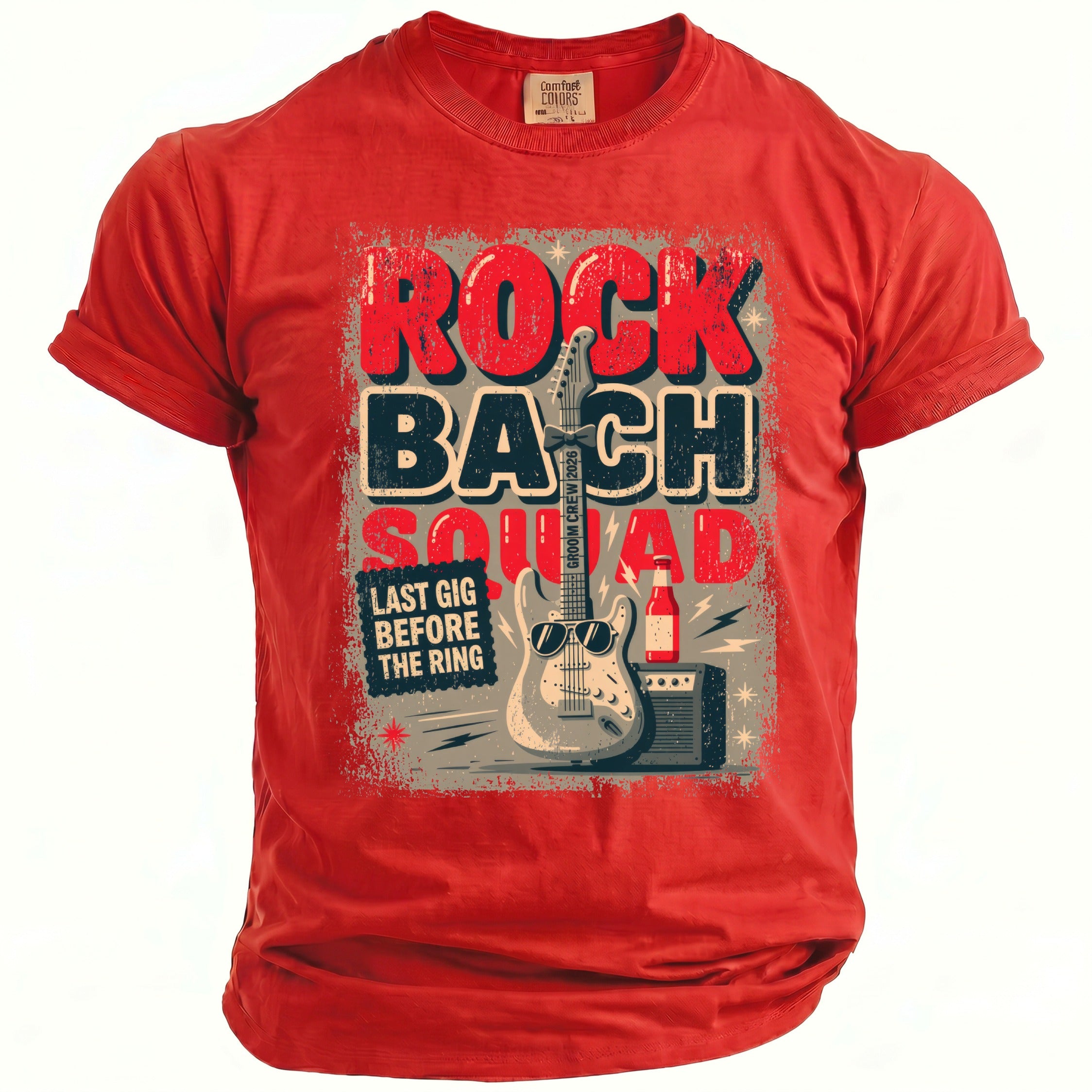 Red t-shirt with "Rock Bach Squad Last Gig Before the Ring" and guitar graphic.
