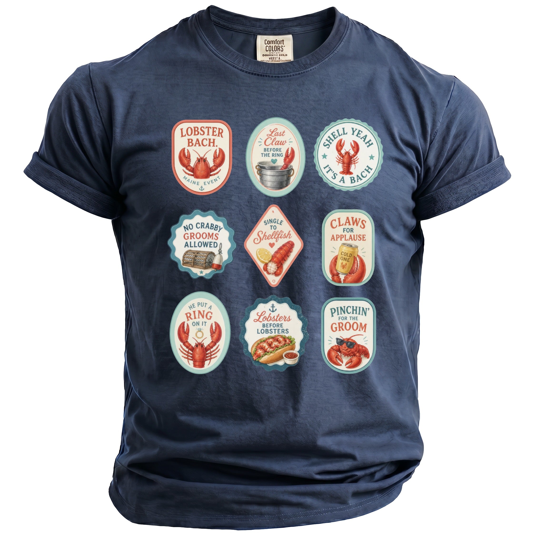 Navy t-shirt with nine oval and round patches featuring lobsters and humorous phrases.