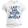 A white t-shirt featuring the blue text Last Sail Before the Veil, accompanied by nautical illustrations.