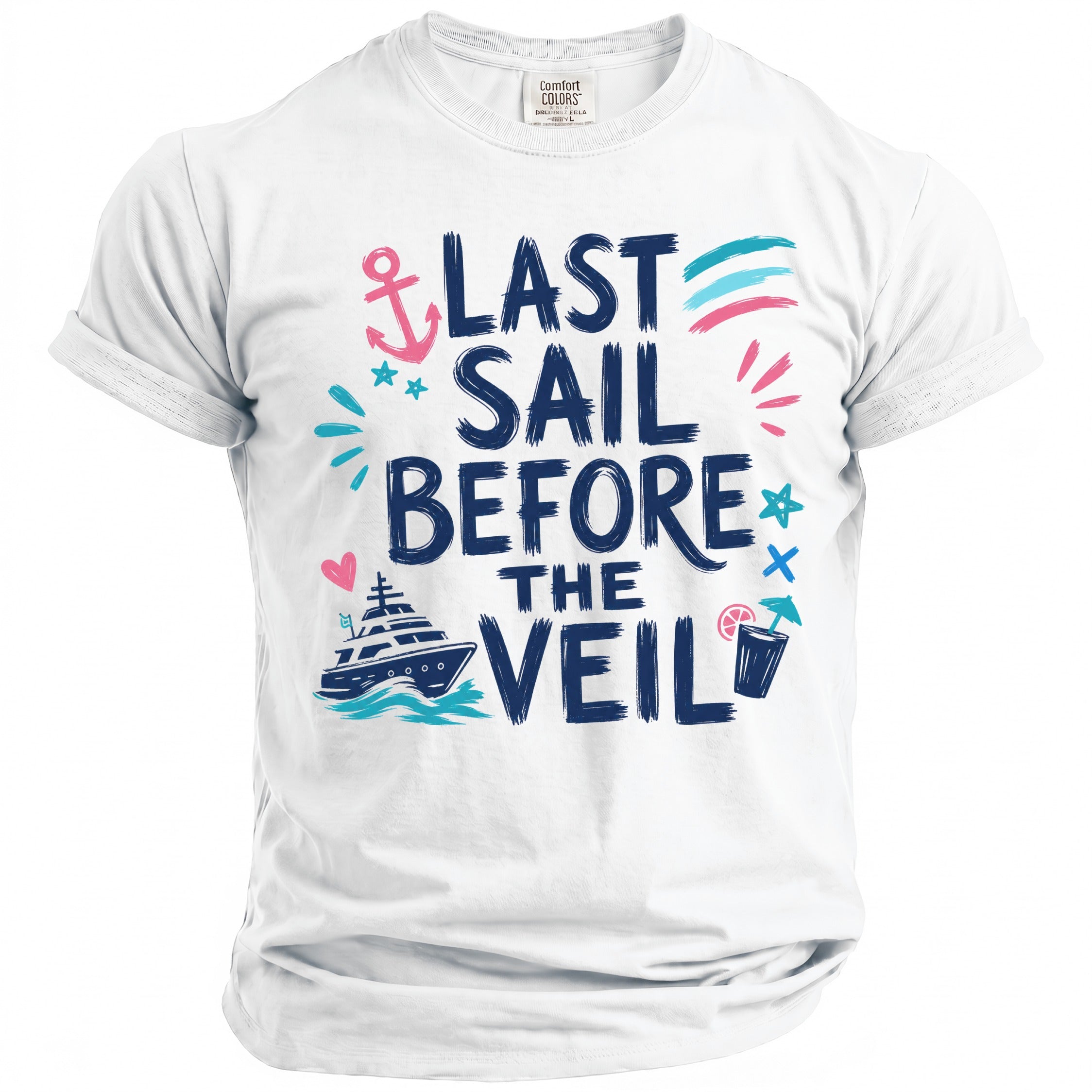 A white t-shirt featuring the blue text Last Sail Before the Veil, accompanied by nautical illustrations.