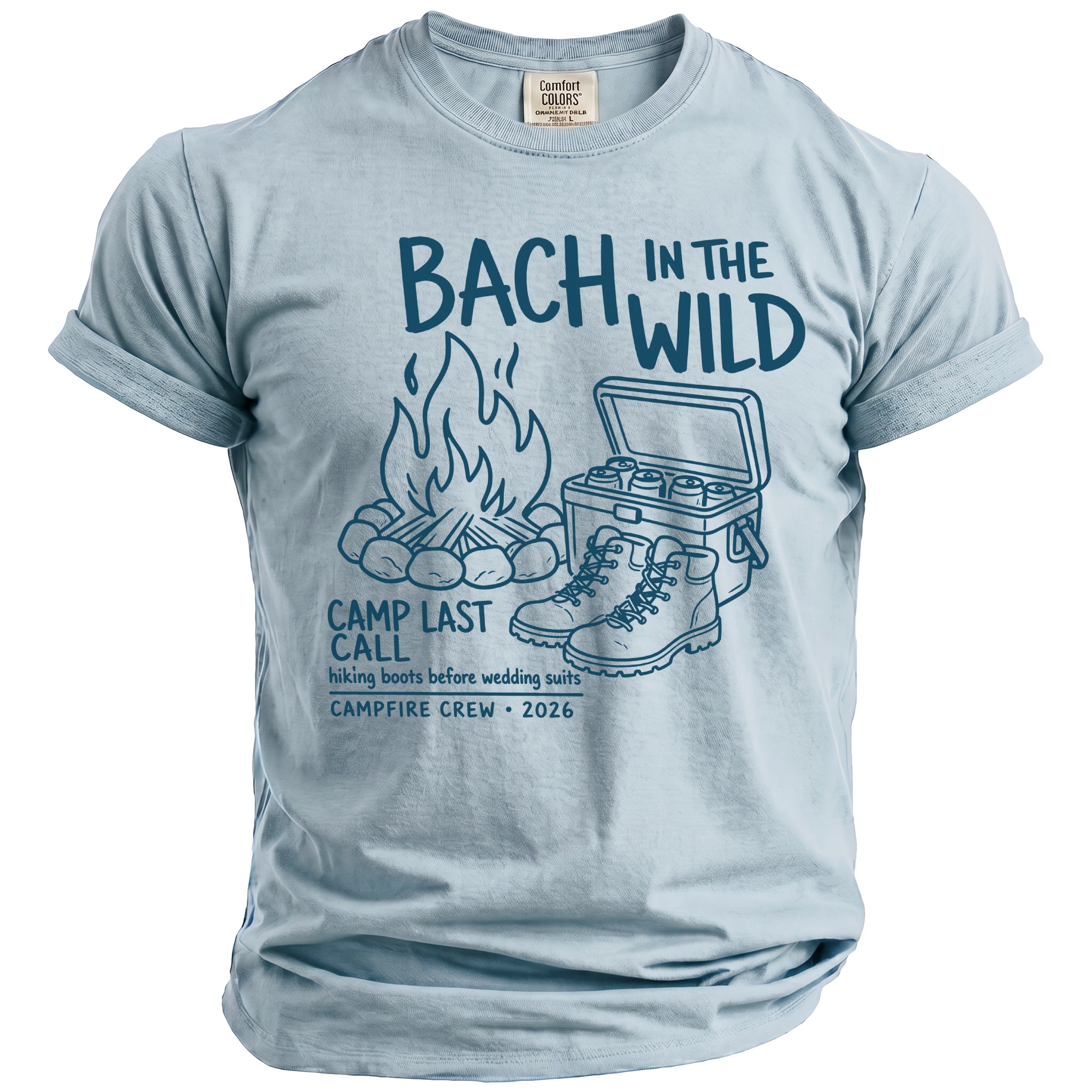 Light blue t-shirt with "Bach In The Wild" text and camping graphics.