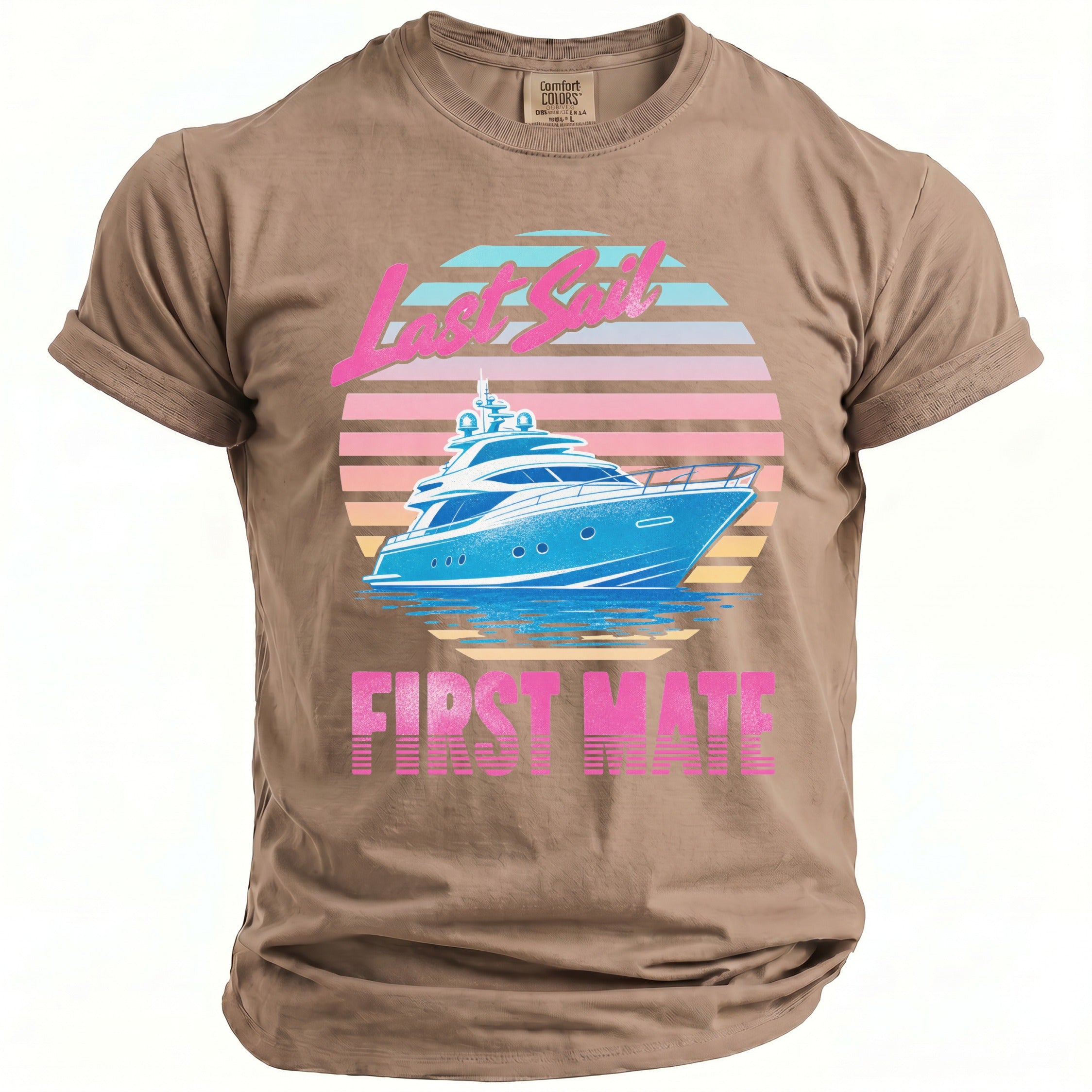 Brown t-shirt featuring a retro graphic of a blue yacht with Last Sail First Mate text.