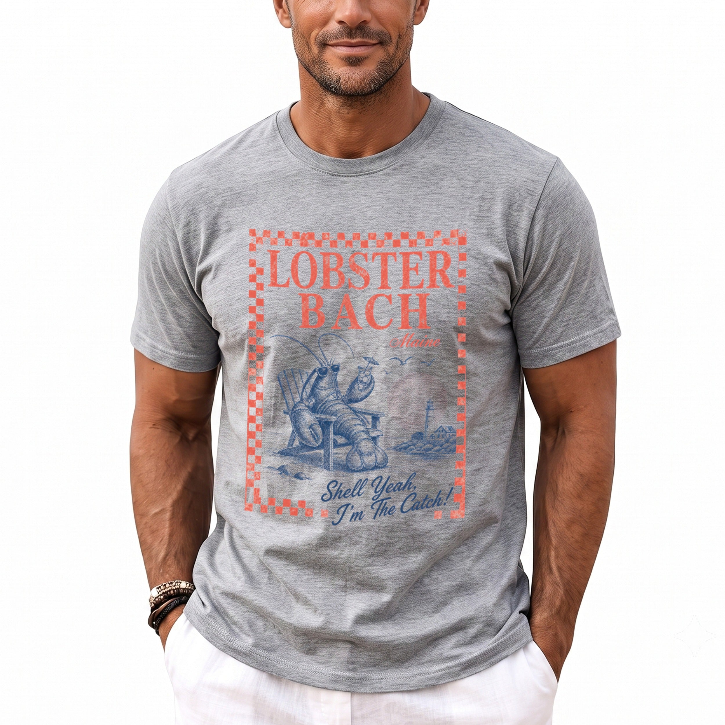 Gray t-shirt with "Lobster Bach" text and lobster graphic.
