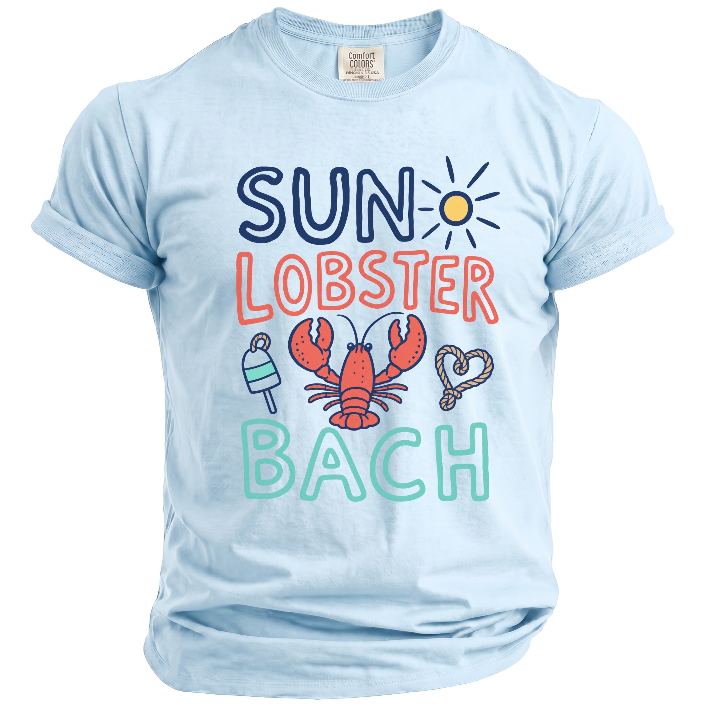 Light blue t-shirt with "SUN LOBSTER BACH" graphic, lobster, and nautical accents.