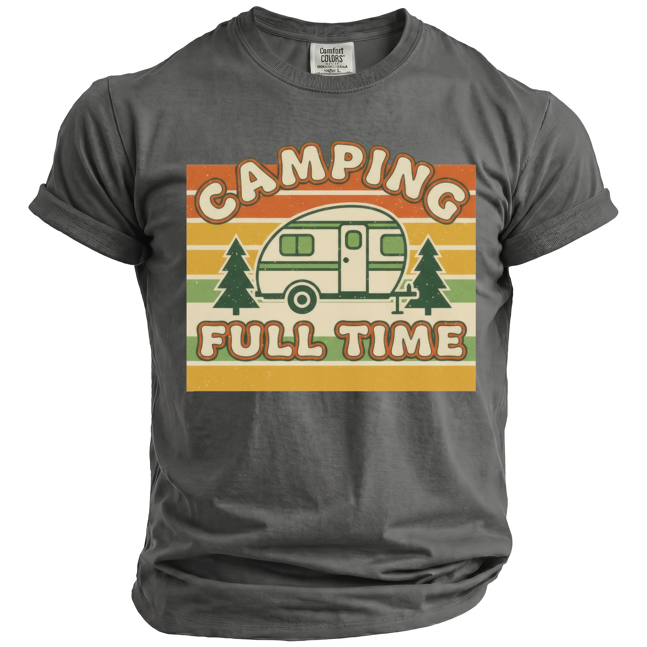 Gray t-shirt with "Camping Full Time" text and a vintage camper graphic.