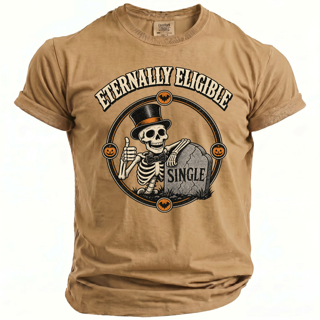 T-shirt with skeleton, tombstone, and text "Eternally Eligible Single" graphic.
