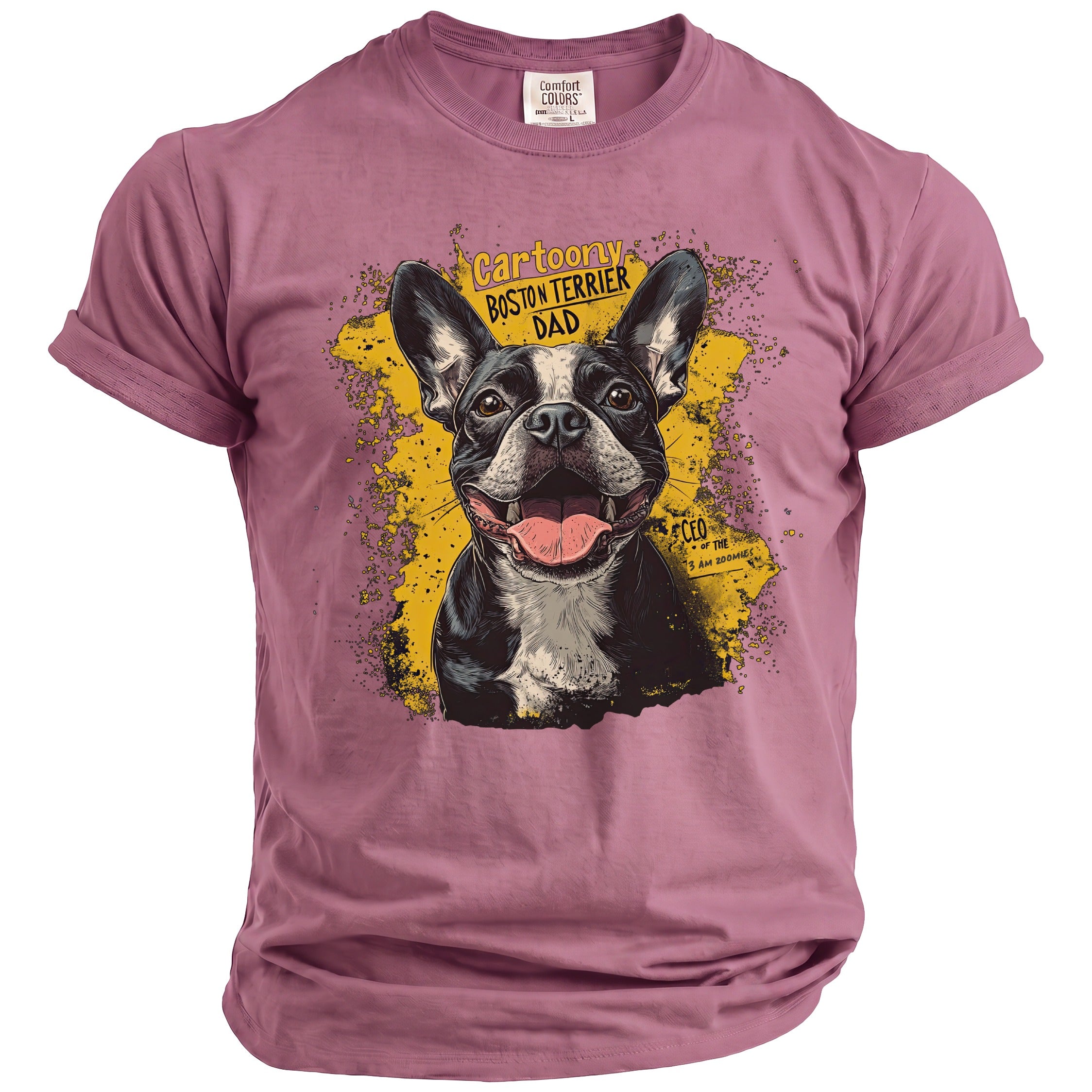 Cartoon Boston Terrier Dad graphic on a mauve t-shirt.
