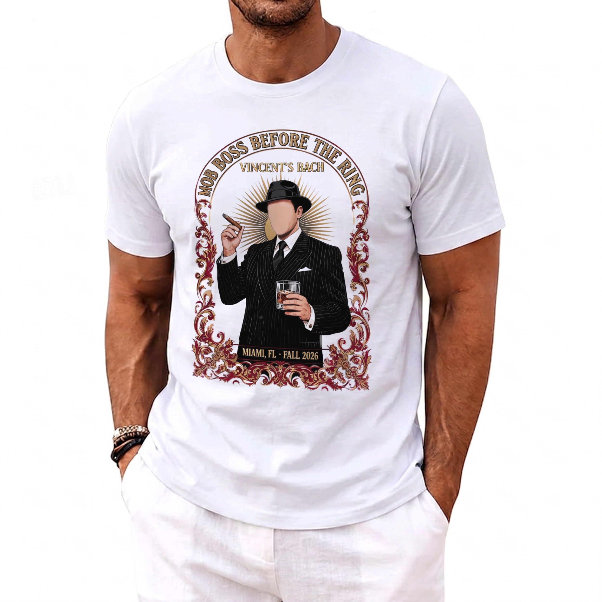 White t-shirt with graphic of a man in a suit holding a cigar and drink.