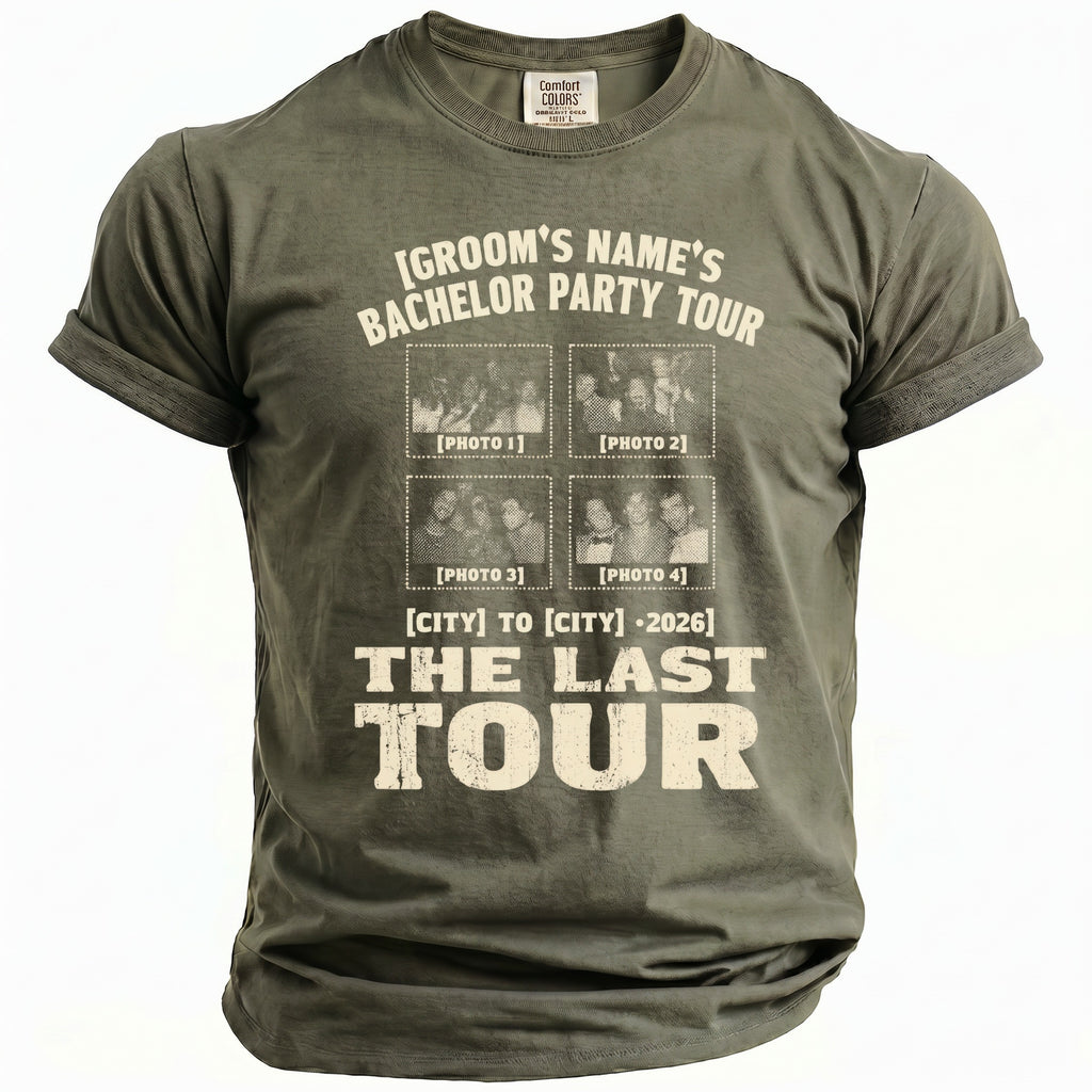 Green t-shirt with "Groom's Name's Bachelor Party Tour" and four photo placeholders.