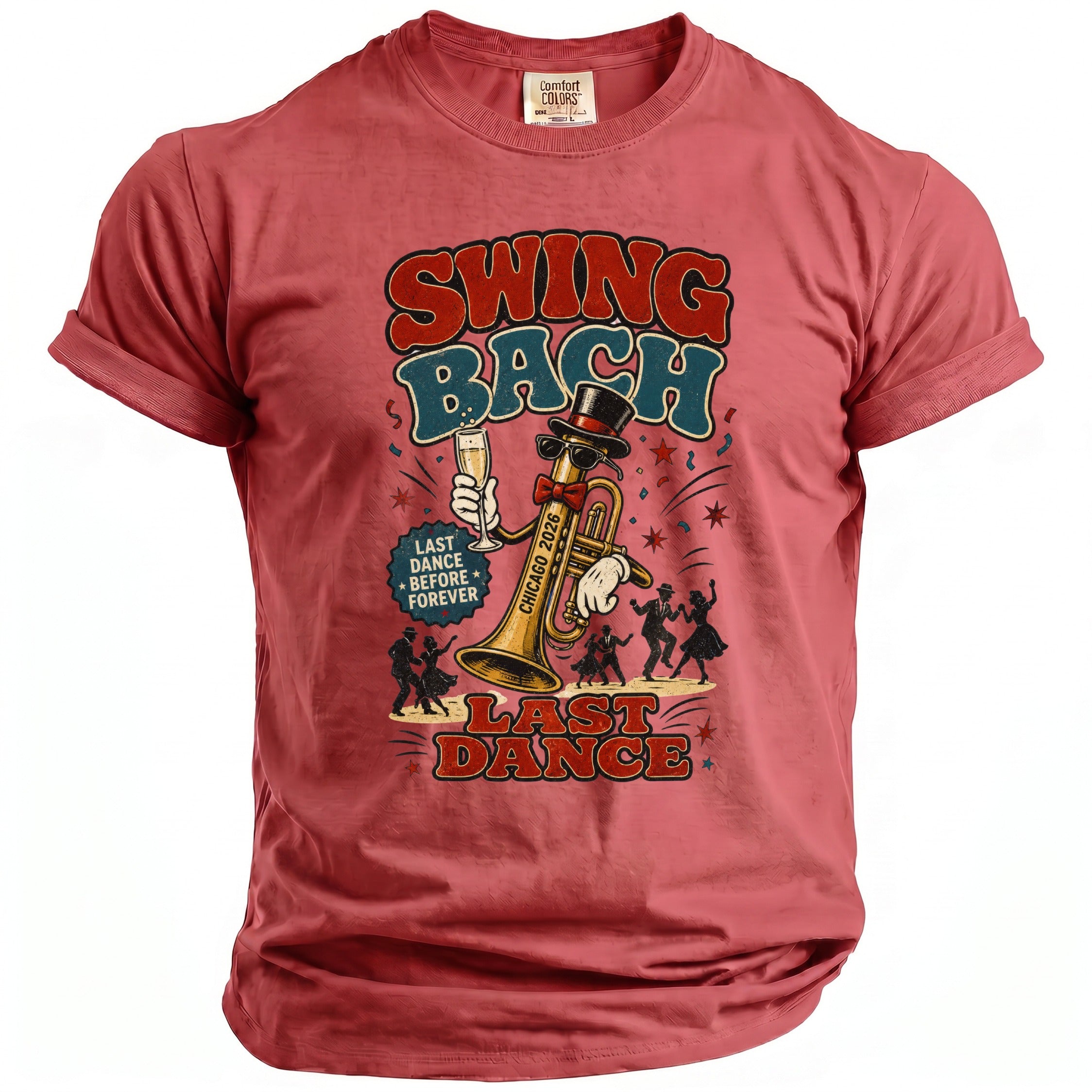 Red t-shirt with "Swing Bach" and "Last Dance" graphics featuring a trumpet character.