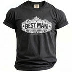 Black t-shirt with "BEST MAN OFFICIALLY APPOINTED BACHELOR PARTY 2026" graphic.