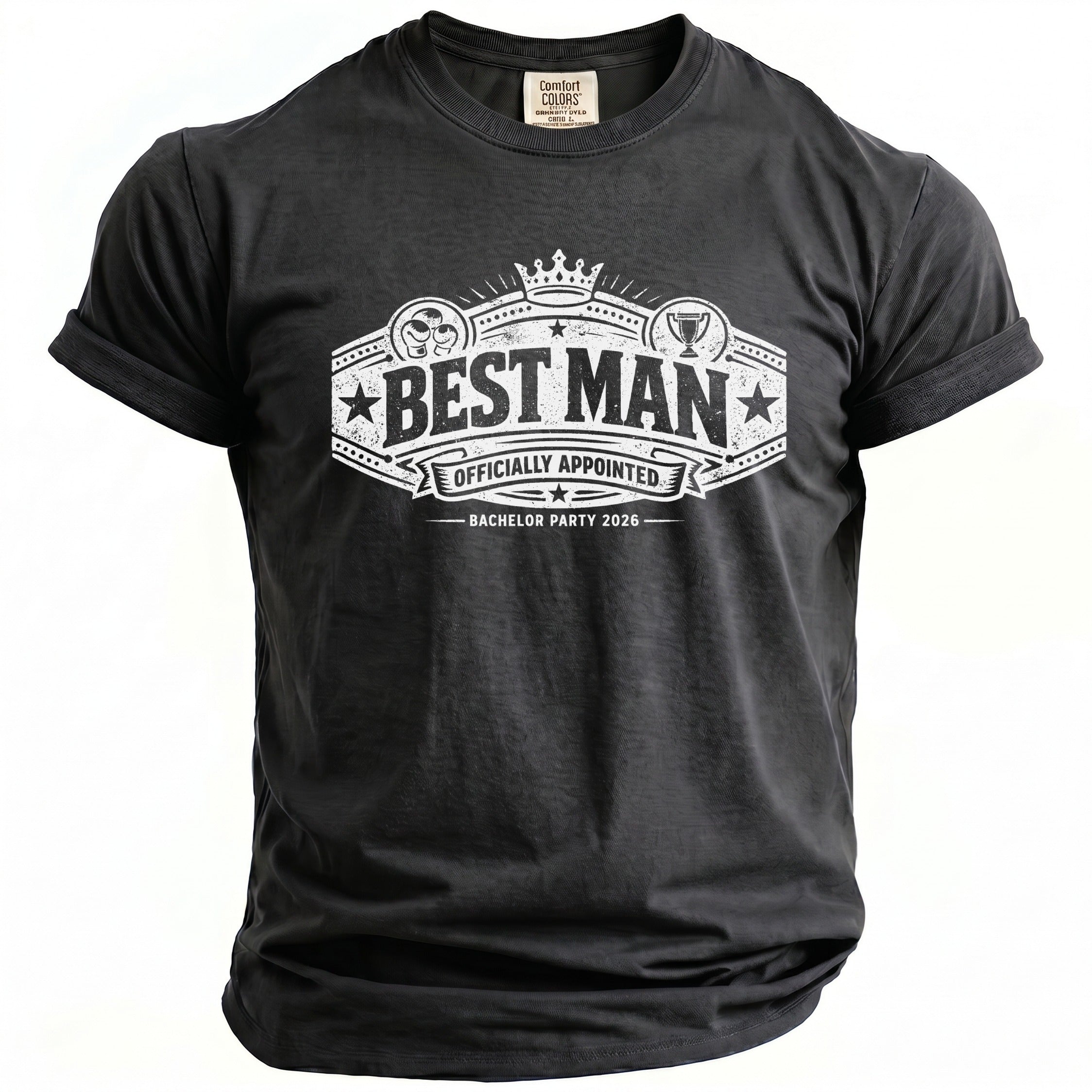 Black t-shirt with "BEST MAN OFFICIALLY APPOINTED BACHELOR PARTY 2026" graphic.