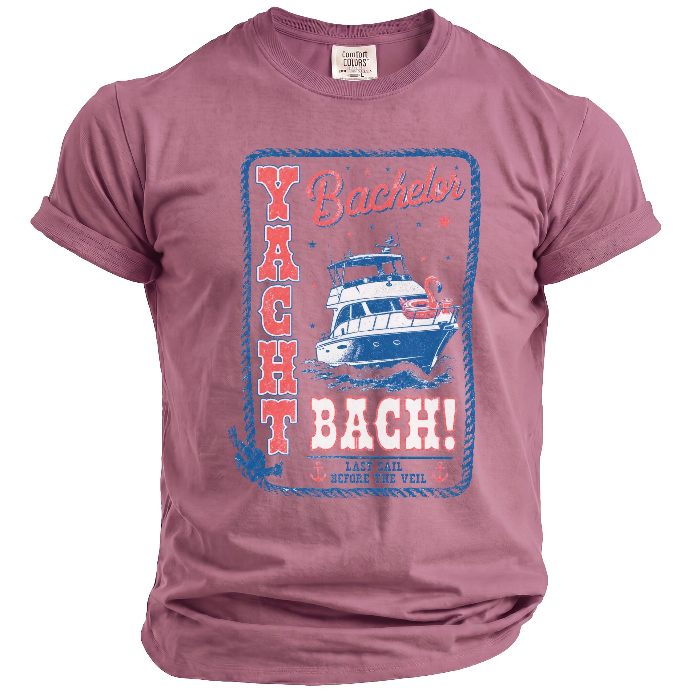 Dusty mauve short-sleeve crewneck t-shirt with a blue and red nautical graphic that reads Yacht Bach.
