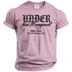 Lavender t-shirt with "UNDER New Management, Mike's Bach, LA, CA Summer 2026" text.