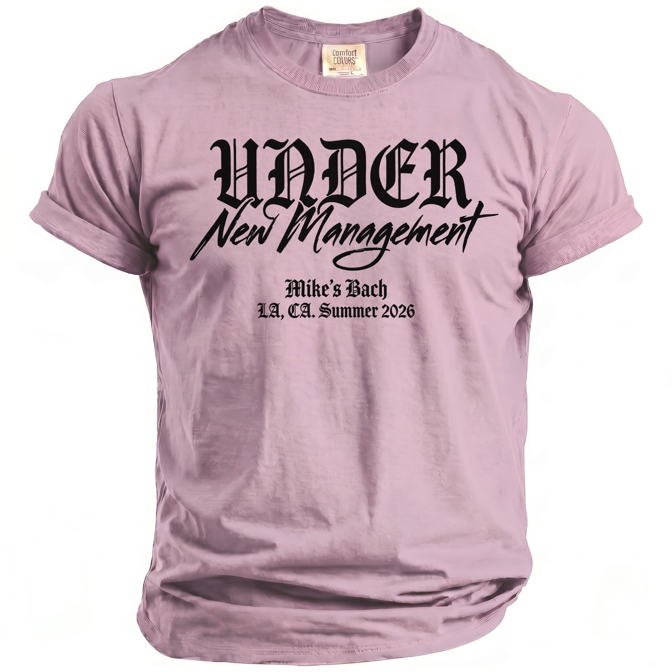 Lavender t-shirt with "UNDER New Management, Mike's Bach, LA, CA Summer 2026" text.