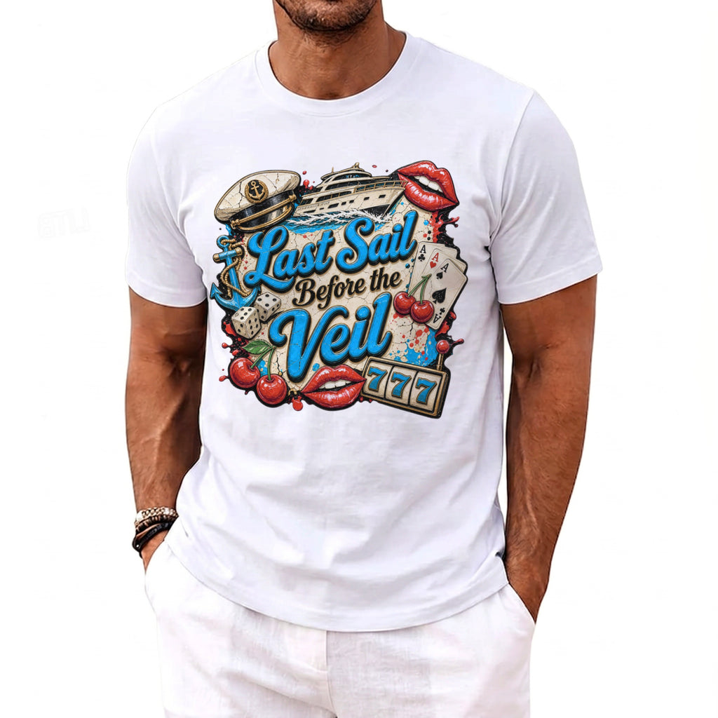 A person wearing a white t-shirt featuring a colorful graphic and the text Last Sail Before the Veil.