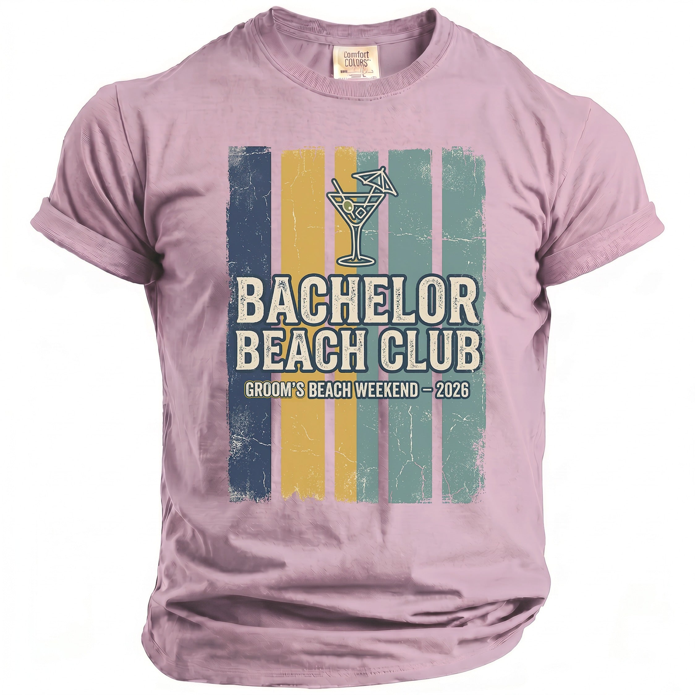 Pink t-shirt with "Bachelor Beach Club Groom's Beach Weekend 2026" graphic.