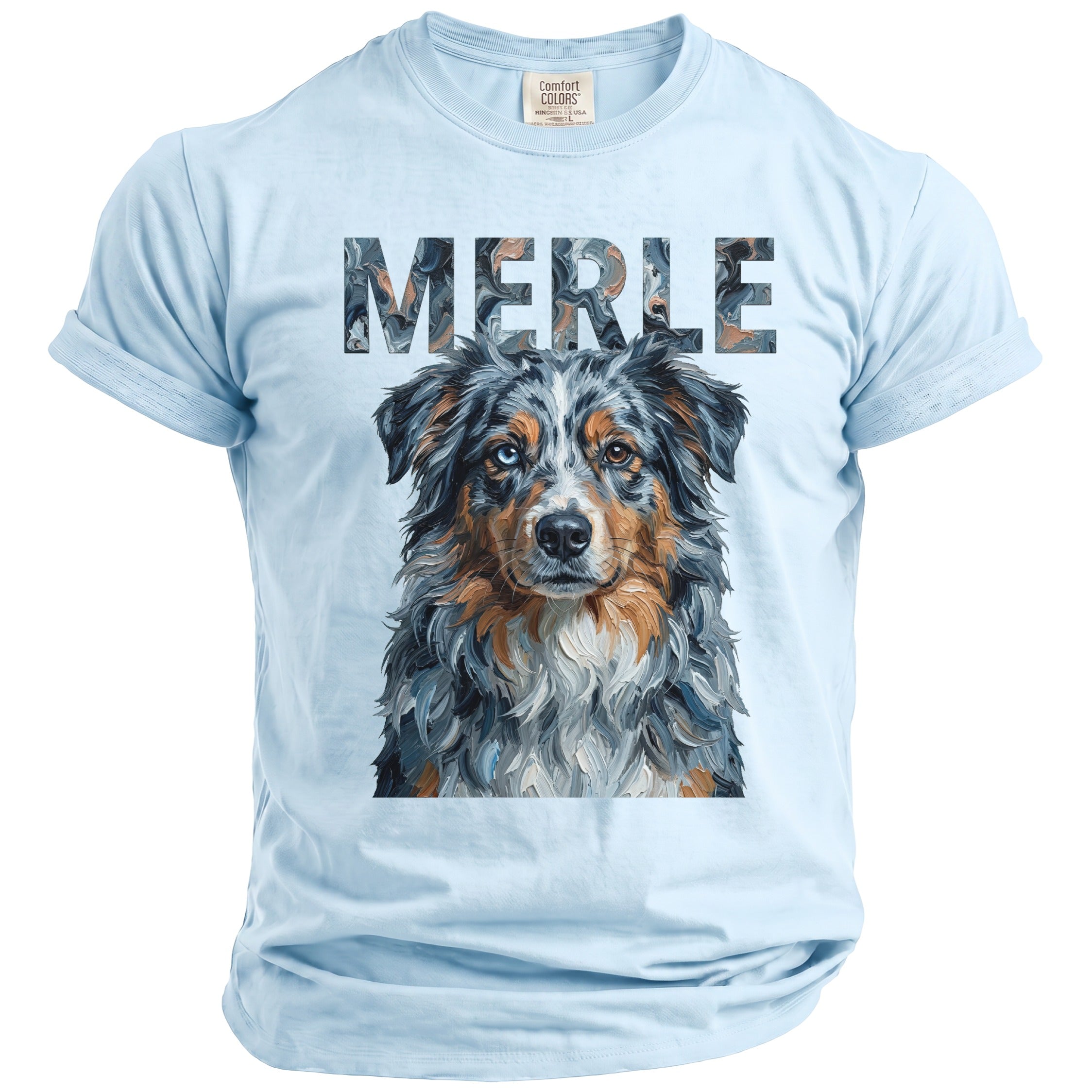 Light blue t-shirt with large "MERLE" text and Australian Shepherd dog portrait.