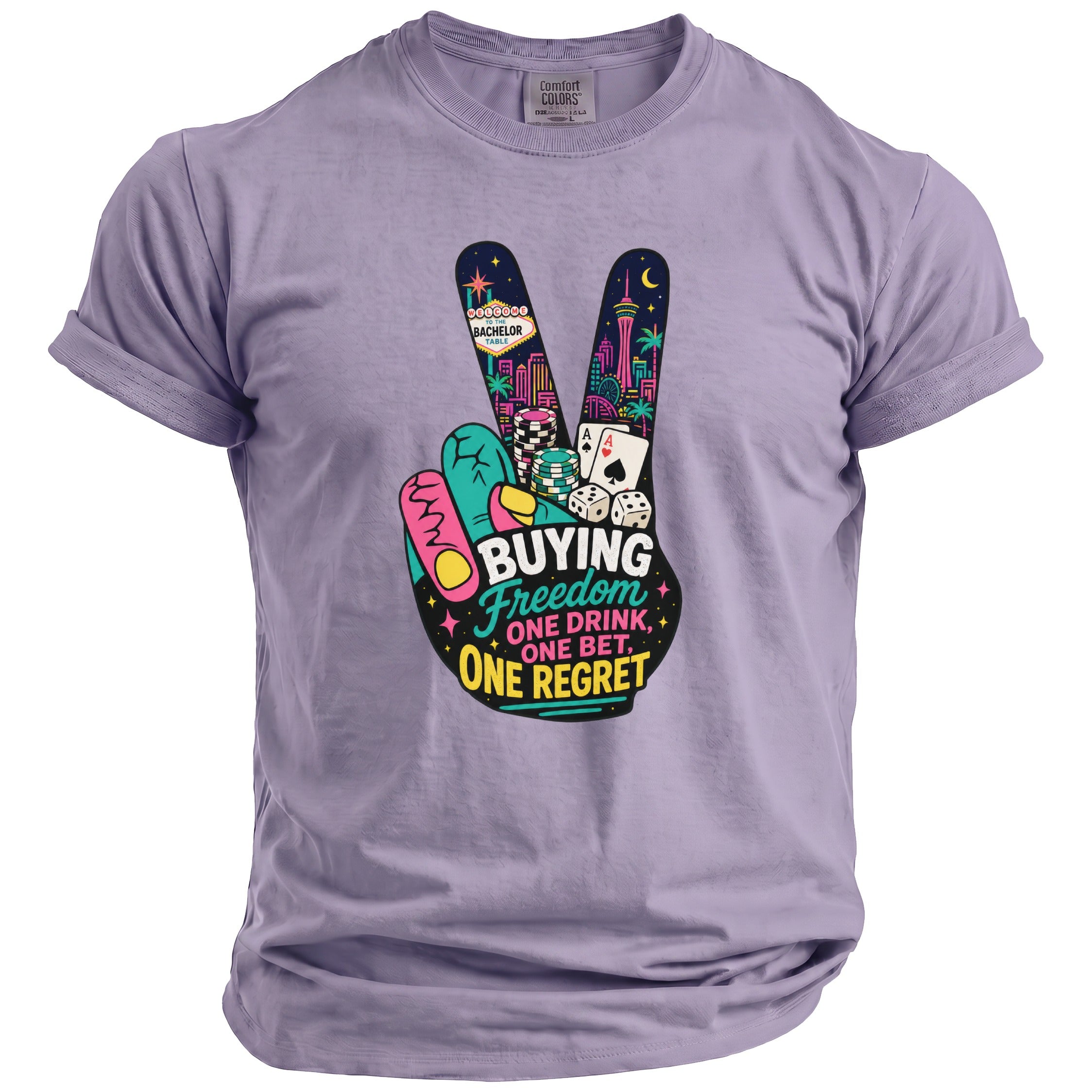 Peace sign graphic with Vegas skyline, cards, dice, chips, and text.