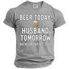 Gray t-shirt with text "Beer Today Husband Tomorrow Bachelor Party ~ 2026".