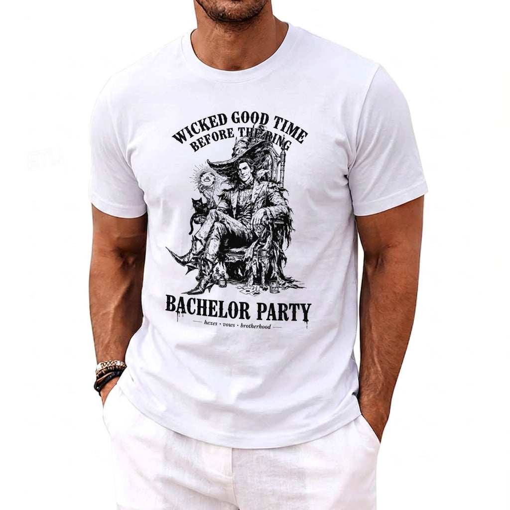 White t-shirt with "WICKED GOOD TIME BEFORE THE RING BACHELOR PARTY" text and graphic.