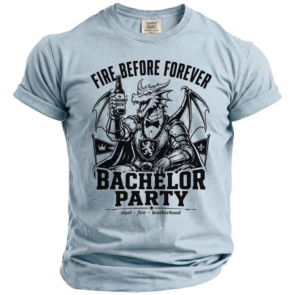 Light blue t-shirt with a black graphic of a dragon holding a beer for a bachelor party.
