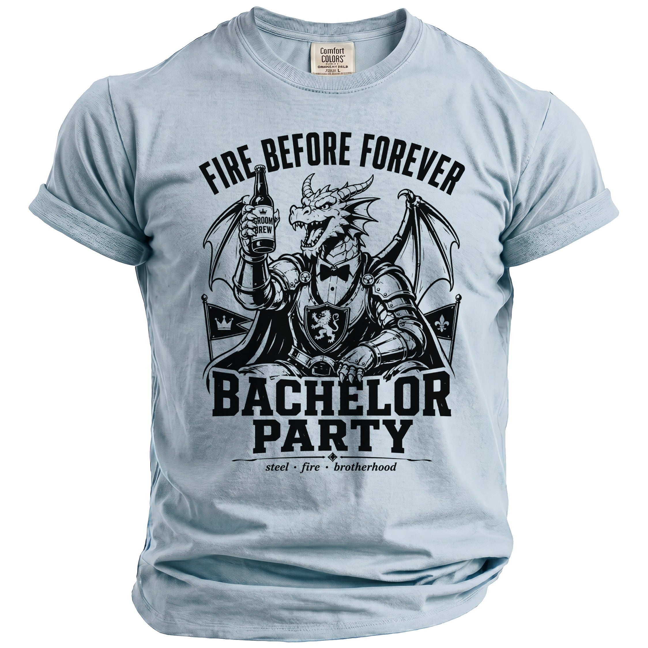 Light blue t-shirt with a black graphic of a dragon holding a beer for a bachelor party.